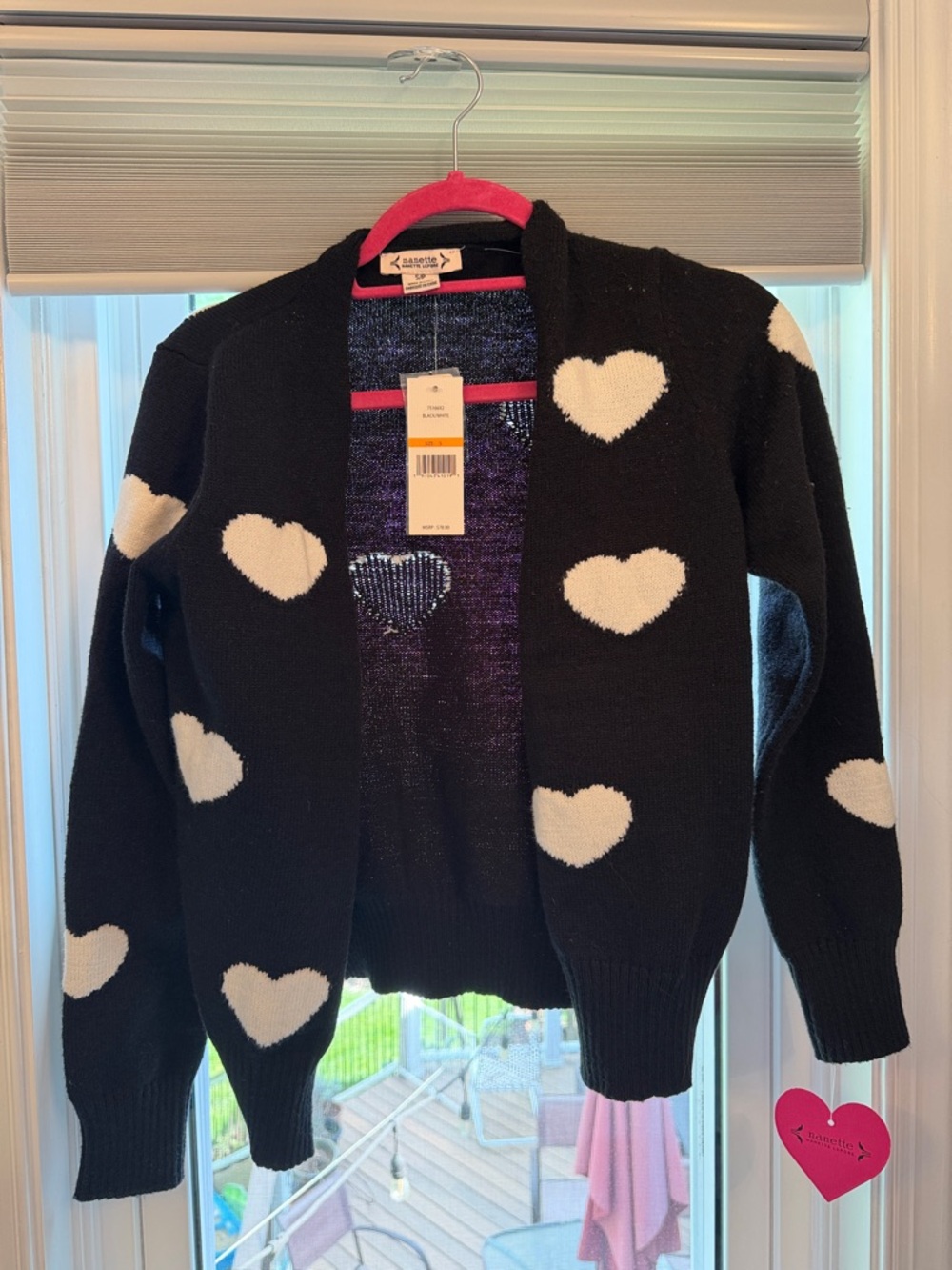 Nanette Lepore Black Cardigan with White Heart Pattern